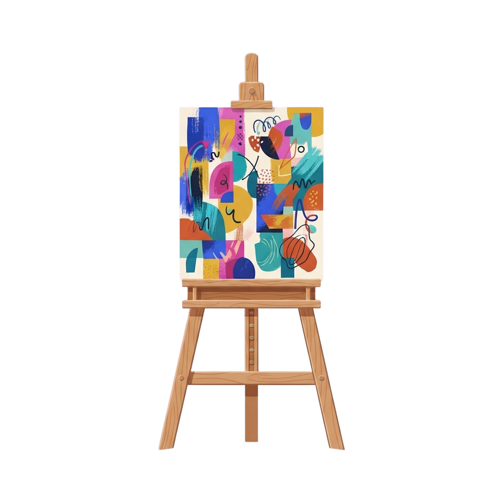 A wooden easel displaying a vibrant abstract painting with bright shapes and patterns