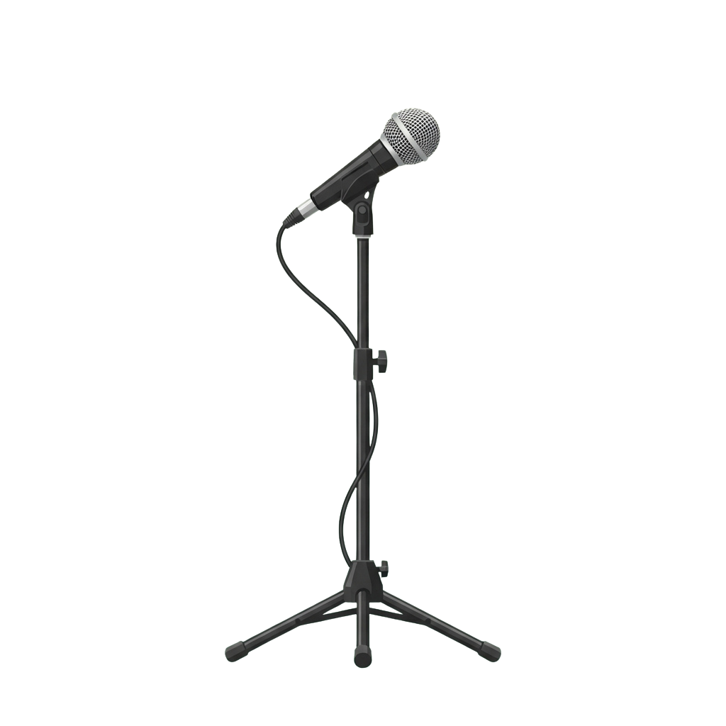 A microphone attached to a black stand with a coiled cable and three-legged base