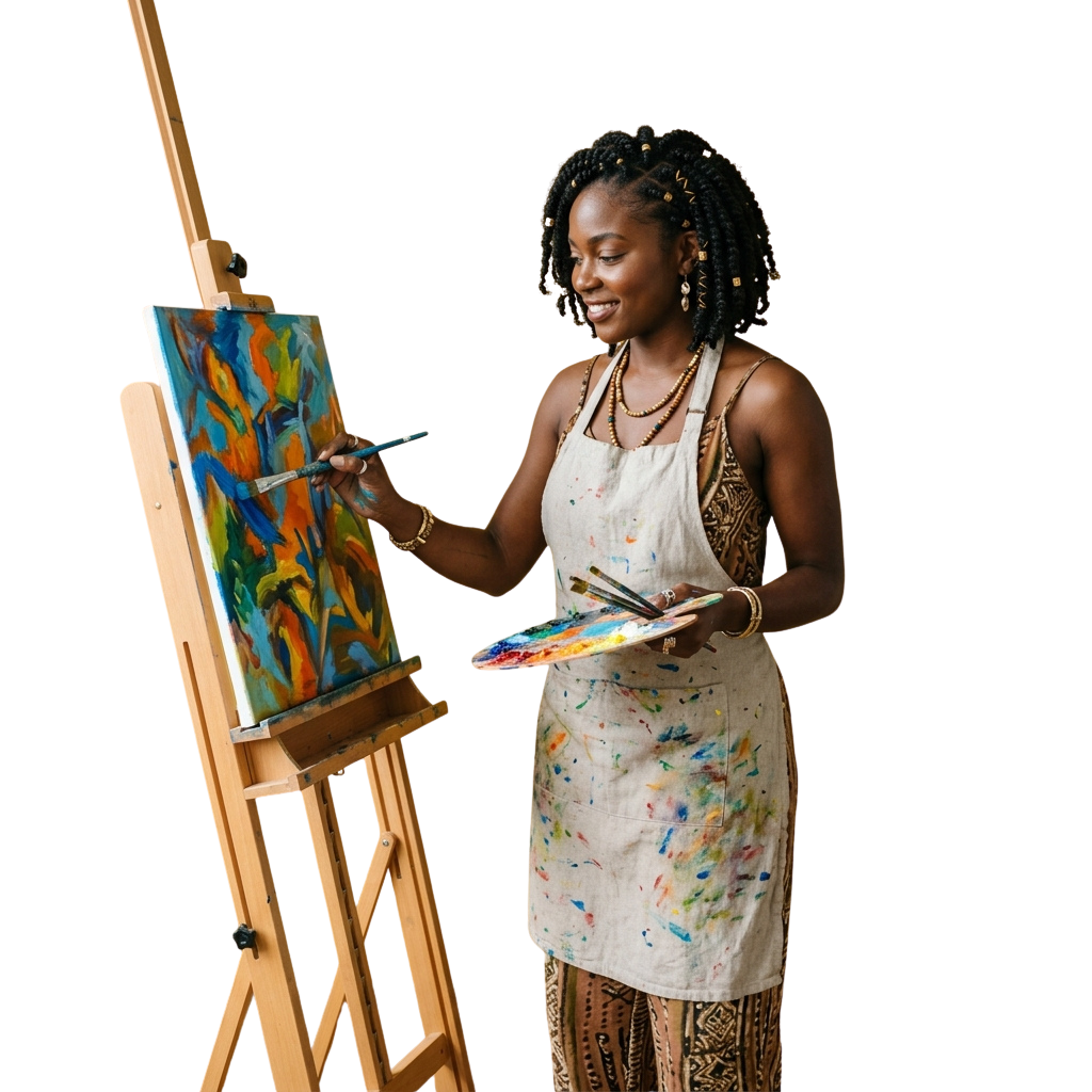 A person painting an abstract colorful artwork on an easel, holding a paintbrush and palette.