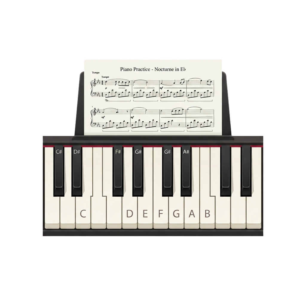 Sheet music for a piano nocturne in E-flat with a close-up of piano keys labeled C to B.