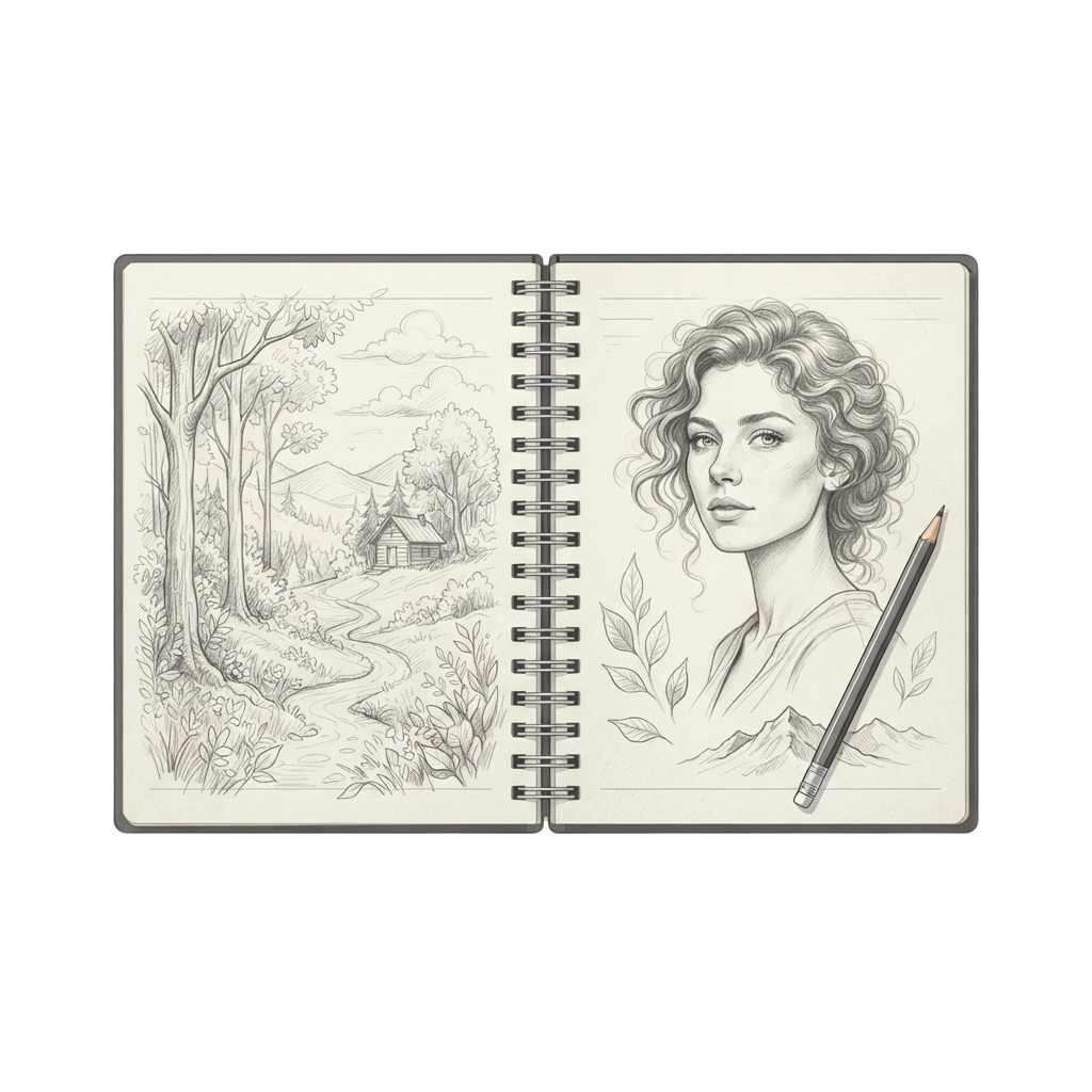 Open sketchbook showing a detailed pencil drawing of a forest scene on the left and a portrait on the right with a pencil resting on the page.