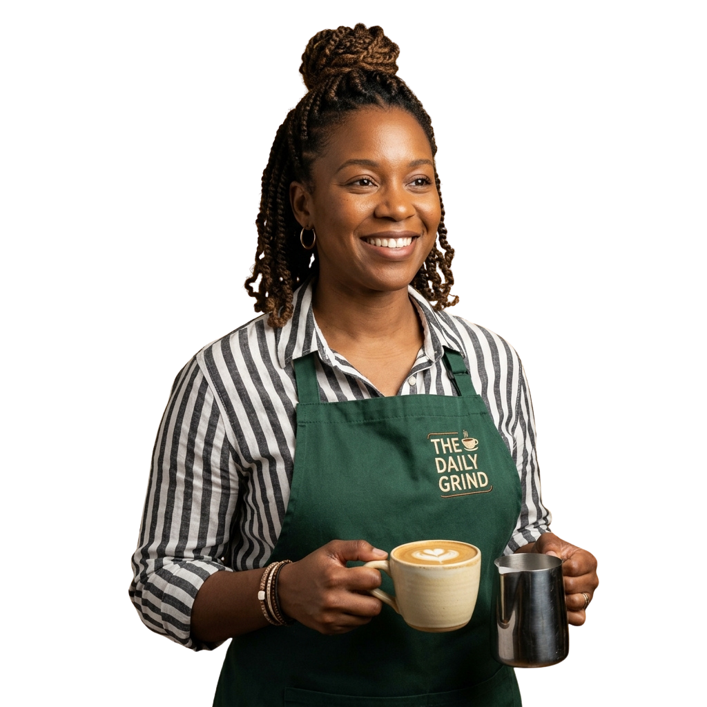 Smiling barista in striped shirt and green apron holding a latte with art and a metal pitcher