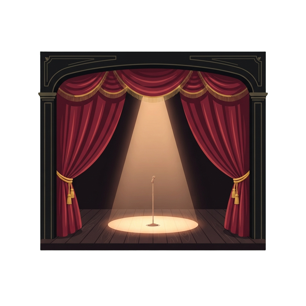 A stage with red velvet curtains and a spotlight on a central podium