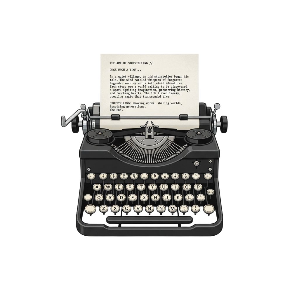 Black and white illustration of a vintage typewriter with a paper displaying storytelling text