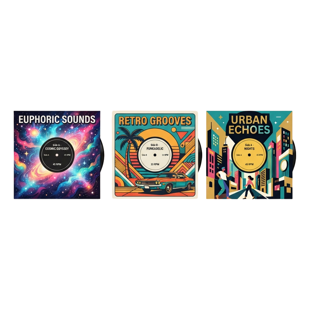 Three colorful vinyl record covers titled Euphoric Sounds, Retro Grooves, and Urban Echoes with space, retro car, and city art styles