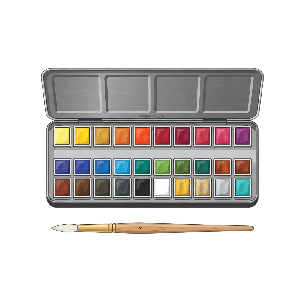 Open metal tin of watercolor paints with 24 color pans and a wooden brush