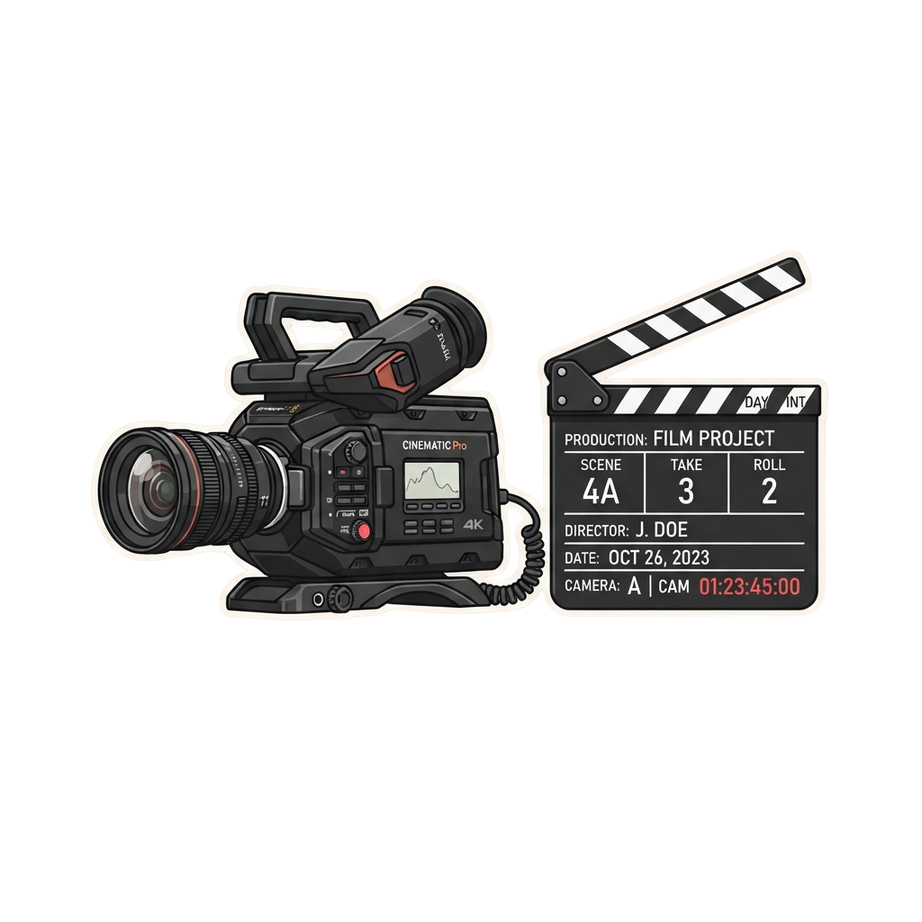 Illustration of a professional film camera and clapperboard with production details