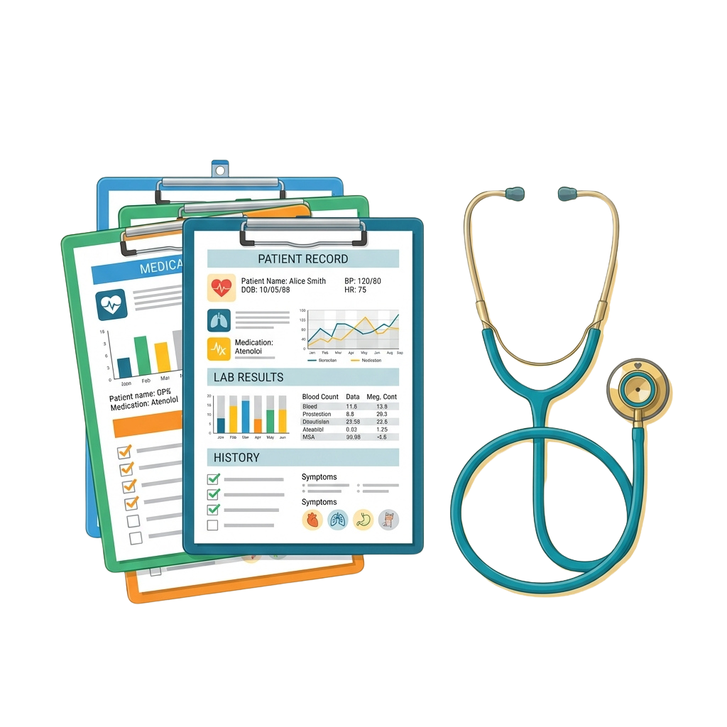 Illustration of a medical clipboard with patient records and a stethoscope