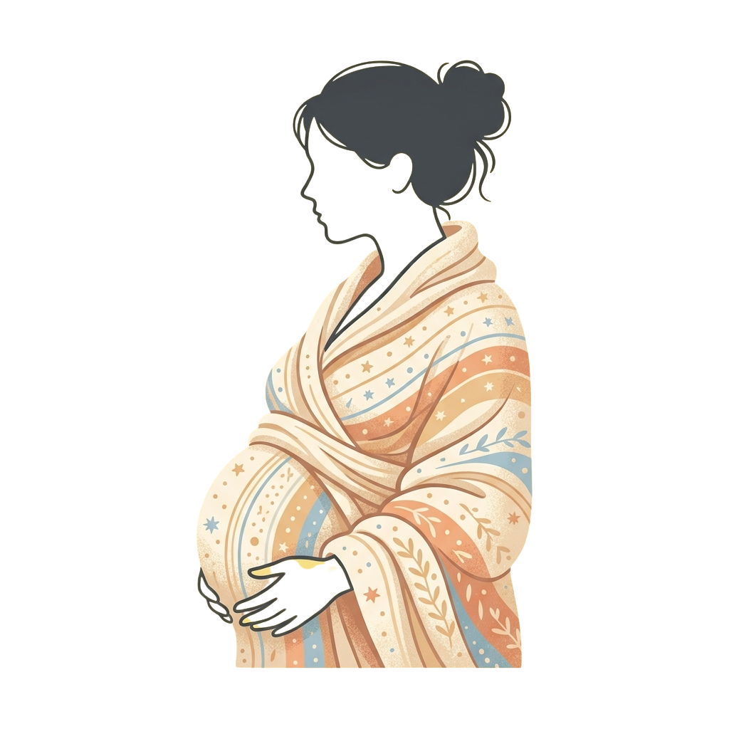 Silhouette of a pregnant person wearing a light-colored garment with star and floral patterns.