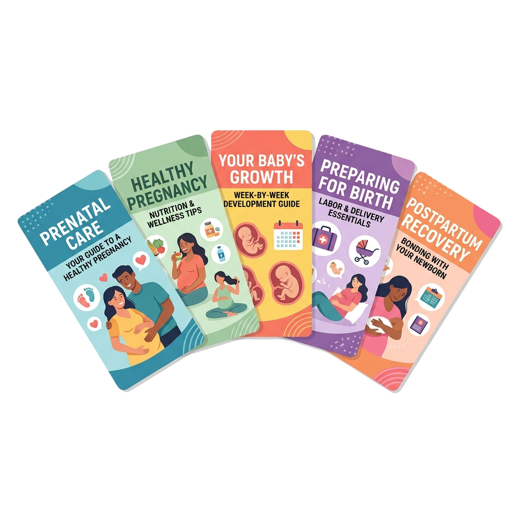 Five colorful cards detailing prenatal care, healthy pregnancy tips, baby growth guide, birth preparation, and postpartum recovery.