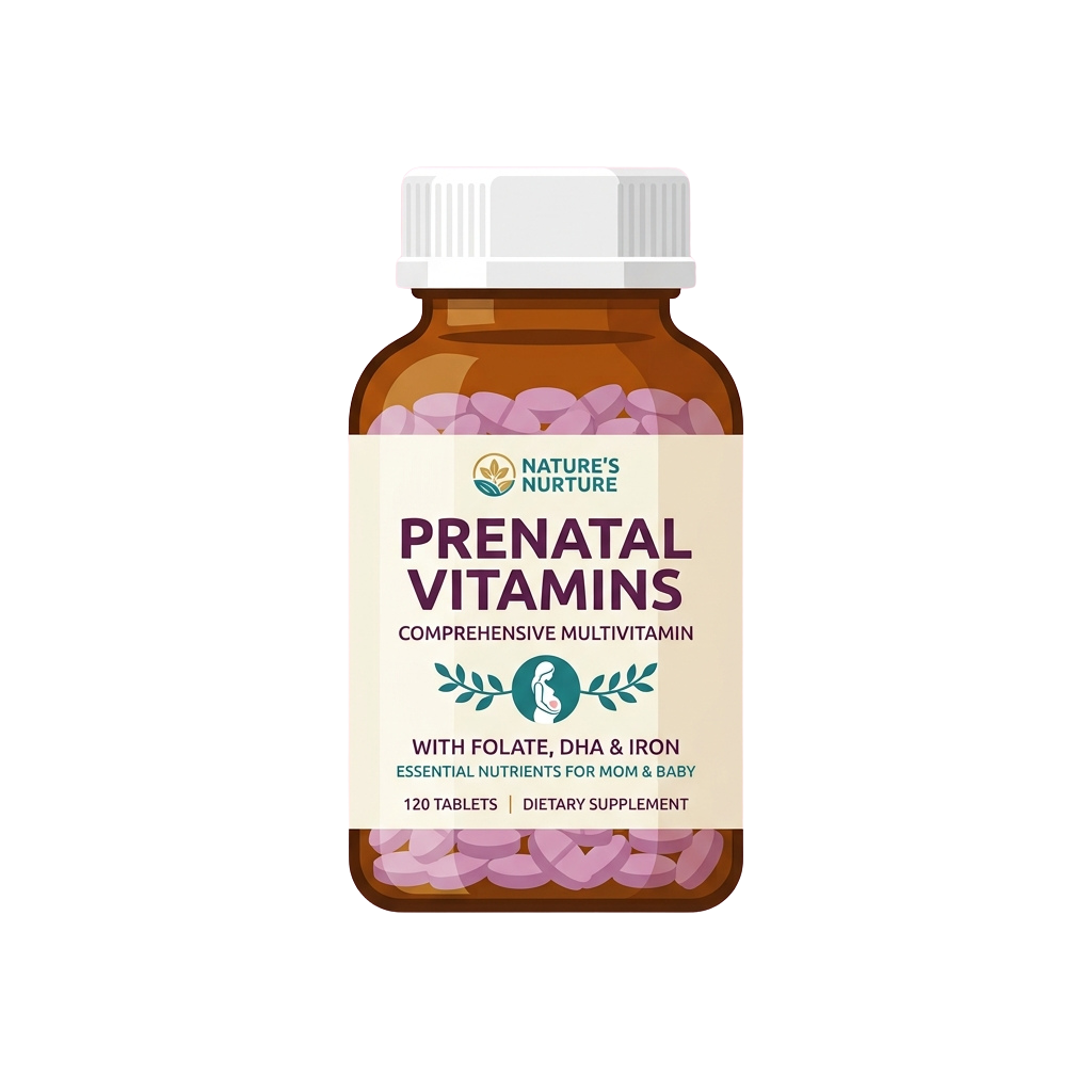 Bottle of prenatal vitamins with pink tablets, labeled as comprehensive multivitamin with folate, DHA, and iron