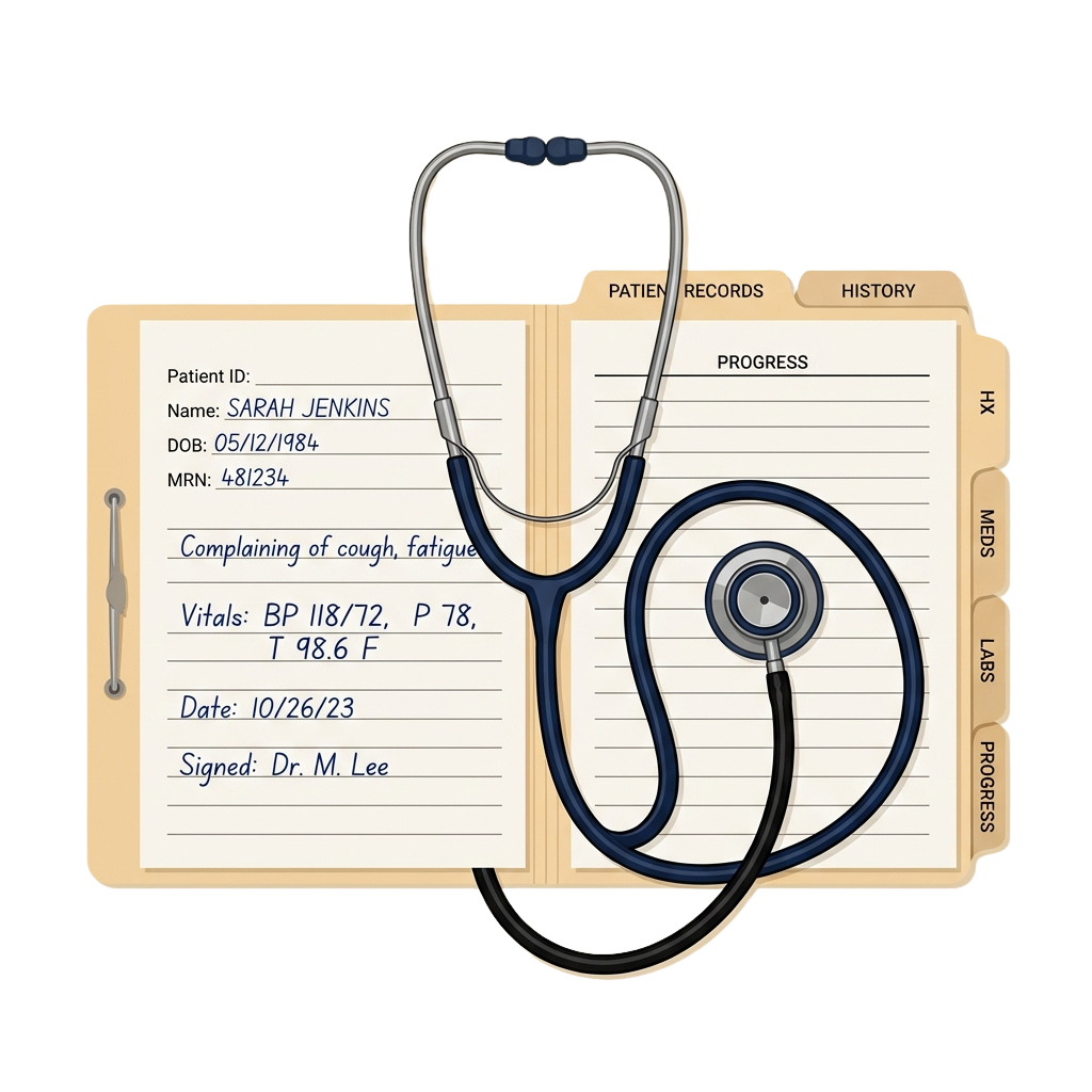 Illustration of a patient record chart showing symptoms, vitals, and a stethoscope on top.