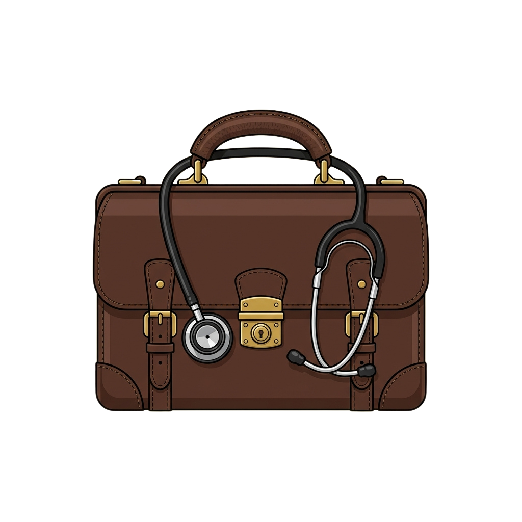 Brown leather briefcase with a stethoscope attached to the front clasp