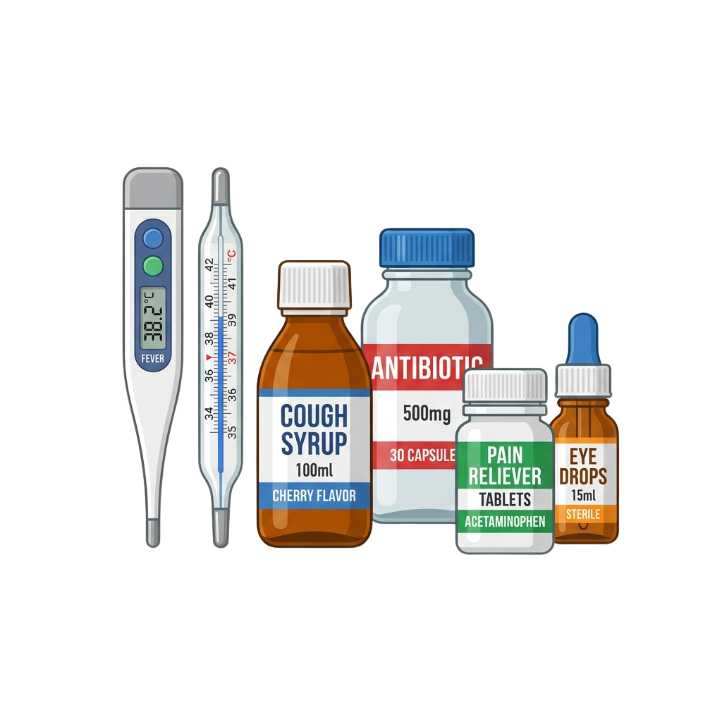 Illustration of a thermometer, cough syrup, antibiotic capsules, pain reliever tablets, and eye drops