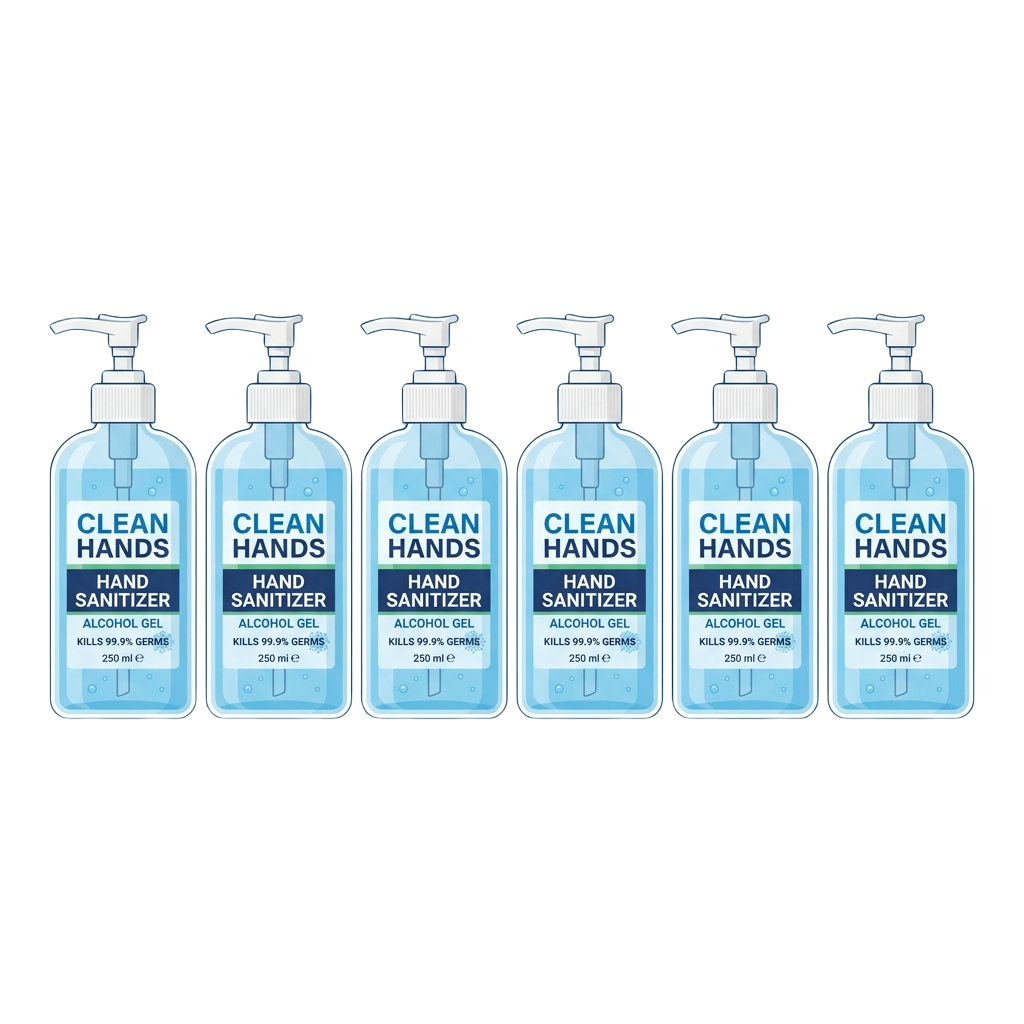 Five identical bottles of hand sanitizer labeled Clean Hands with pump dispensers against a black background