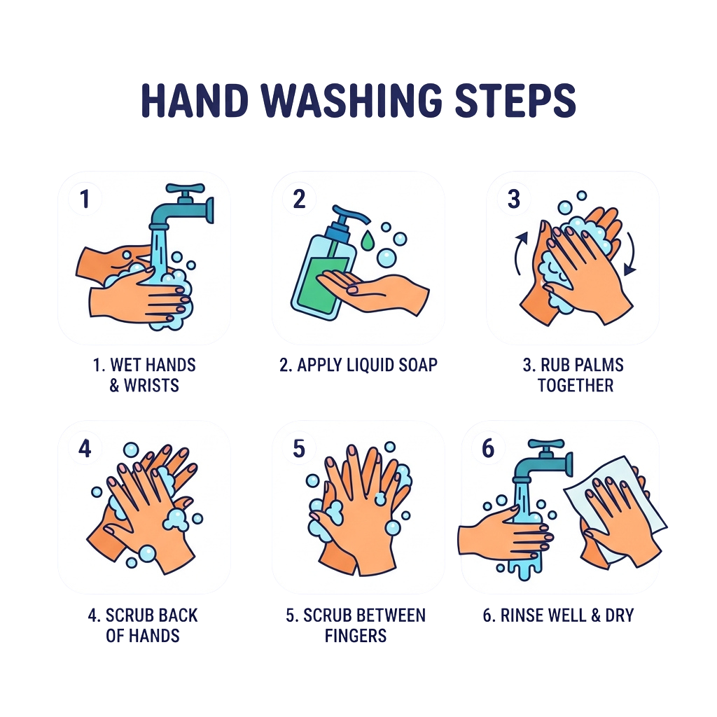 Illustrated steps showing how to wash hands correctly with six key actions