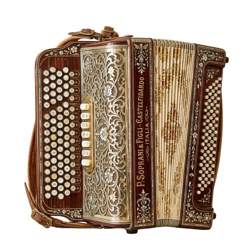 An antique accordion with intricate gold designs and wooden keys, showing signs of age and wear.