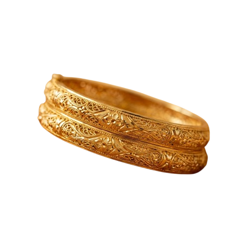 Gold ring featuring two bands of detailed Celtic knotwork patterns.