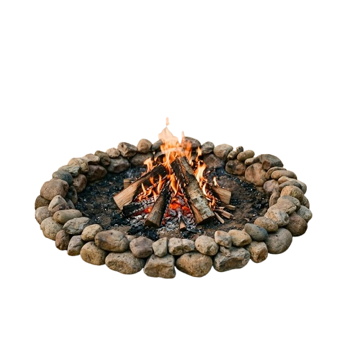 A campfire burning inside a circular stone fire pit arrangement