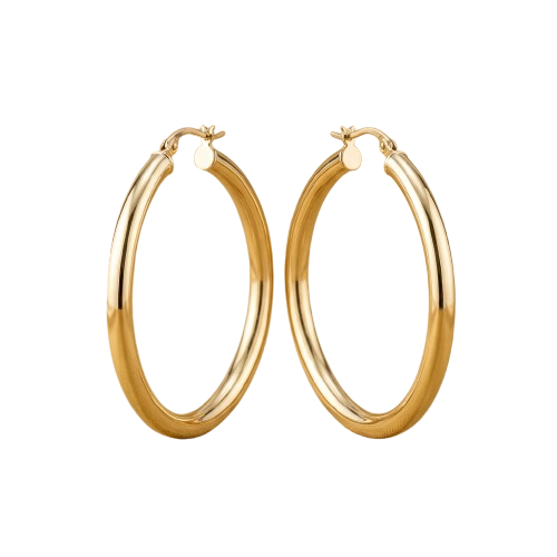 A pair of gold-colored hoop earrings displayed against a black background.