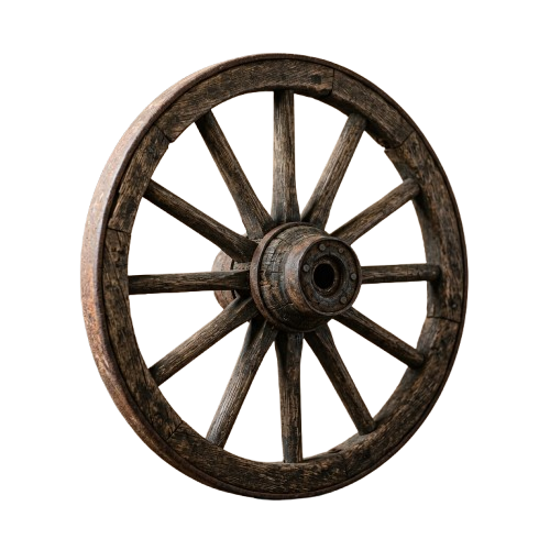 Close-up of a rustic wooden wagon wheel with eight spokes and a central hub