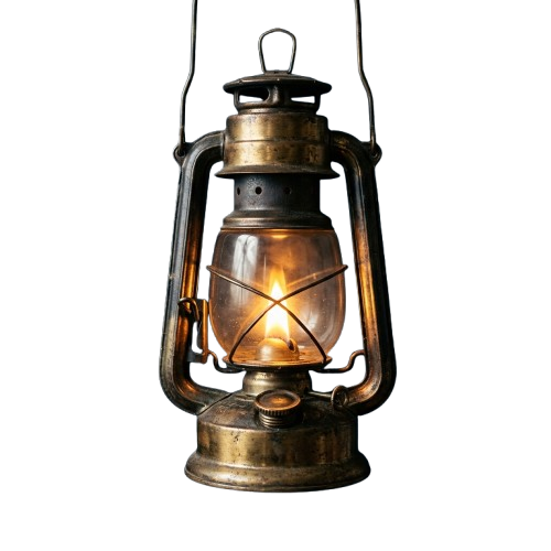 An old-fashioned oil lantern hanging by a strap, emitting a warm yellow glow against a dark background