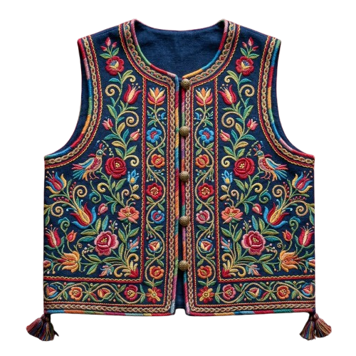 A dark blue embroidered vest with colorful floral and swirling patterns, featuring roses and tassels at the bottom.