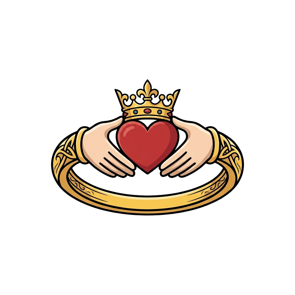 Claddagh ring illustration showing two hands holding a heart topped with a crown