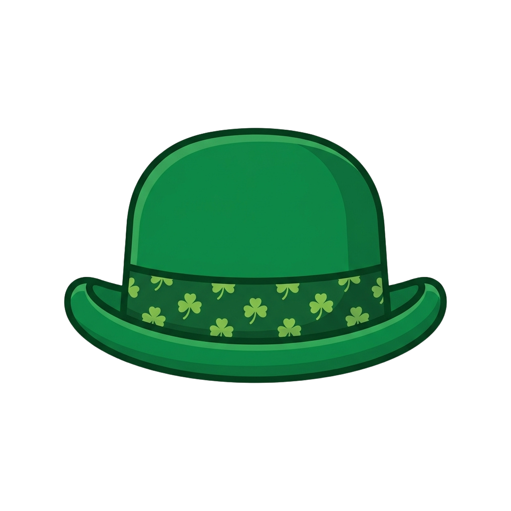 Green bowler hat featuring a band of bright green shamrocks around the middle