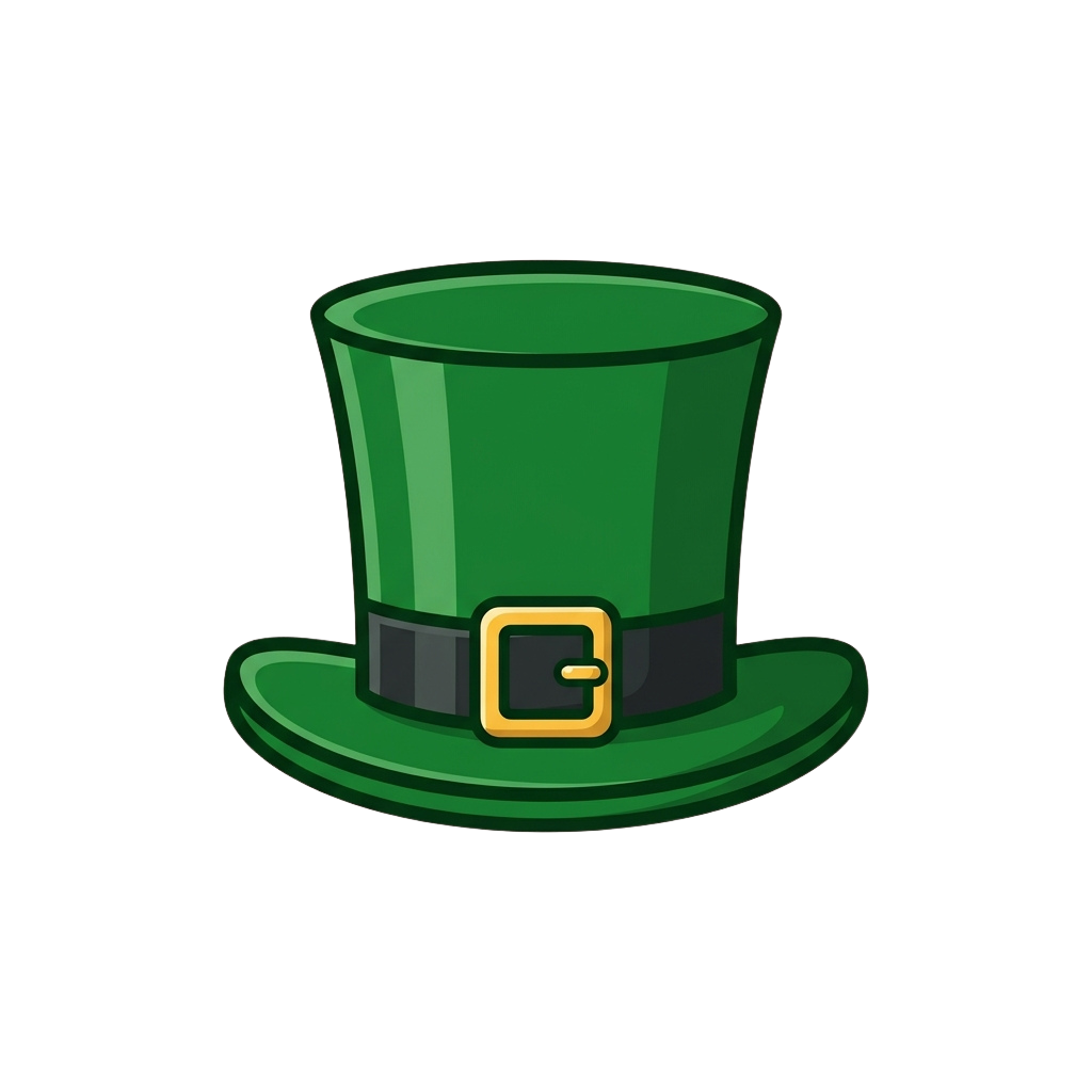 A green top hat with a black band and gold buckle on a dark background