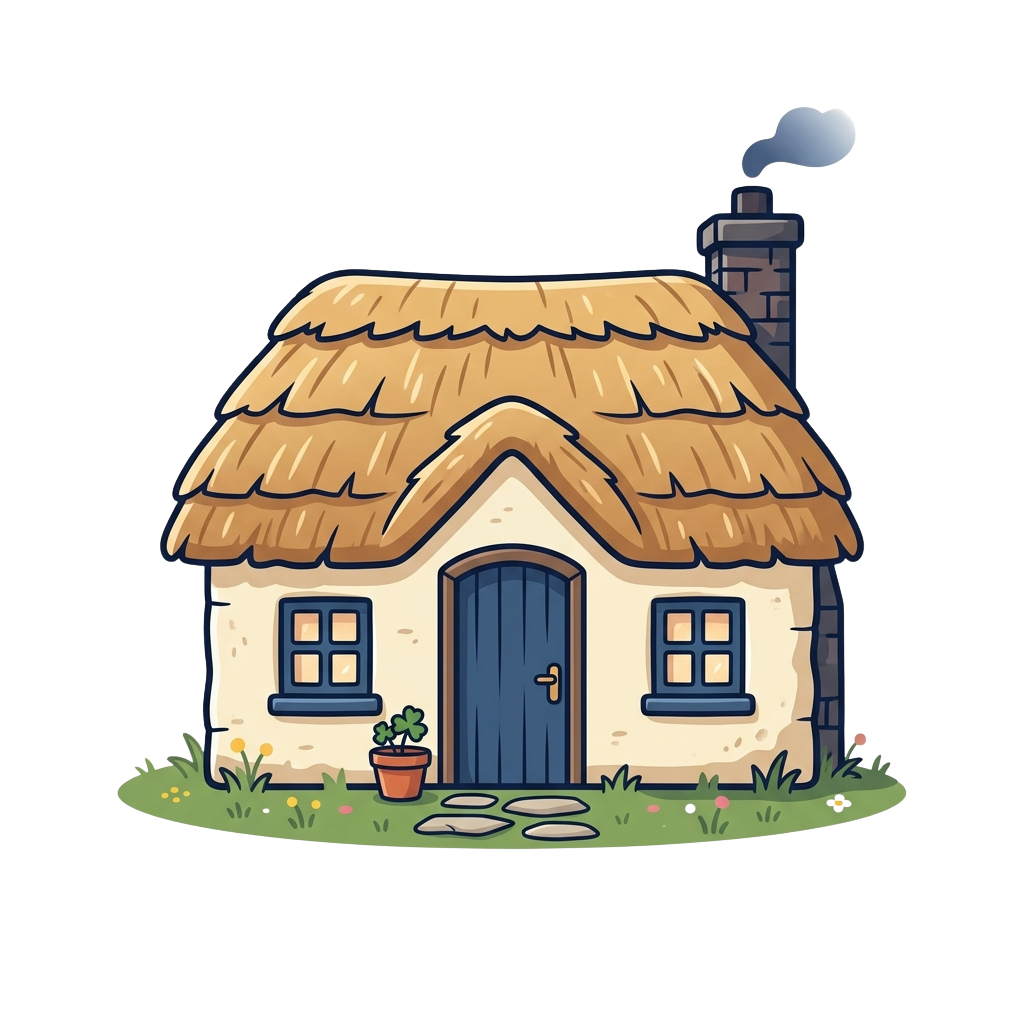 Illustration of a cozy cottage with a thatched roof, chimney, and small garden
