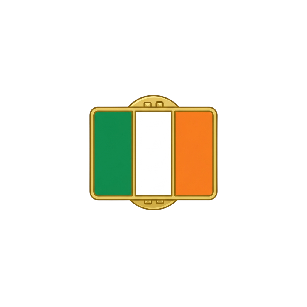 Gold bordered emblem featuring the Irish tricolor flag with green, white, and orange vertical stripes