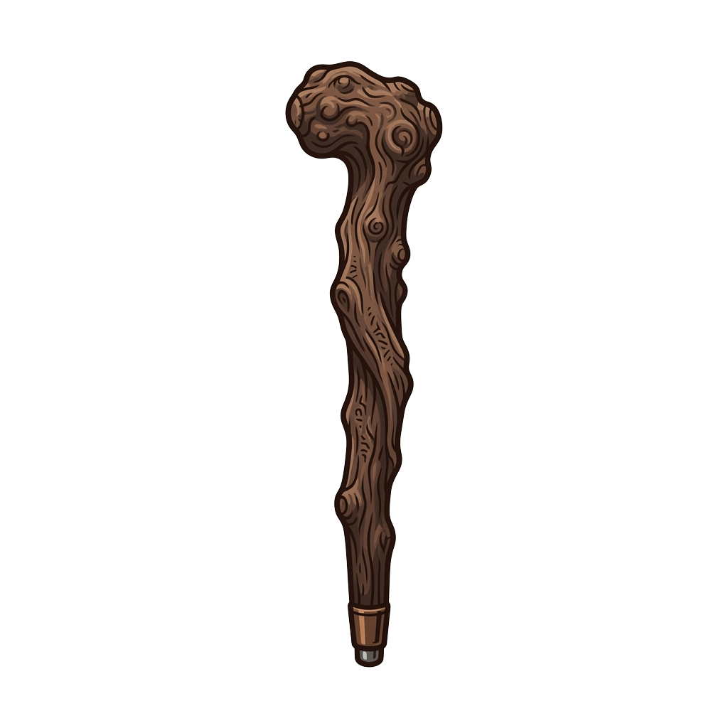 A detailed illustration of a brown wooden walking staff with a textured, bulbous top and a metal tip at the bottom