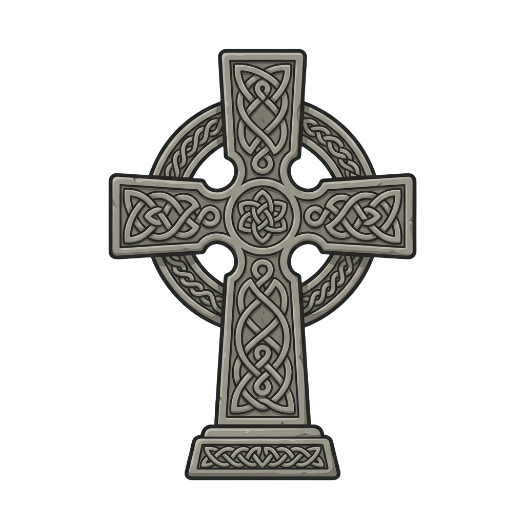 A detailed Celtic cross featuring ornate knotwork patterns on a metallic surface