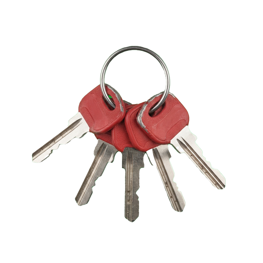 Four metal keys attached to a red plastic keychain with a metal ring