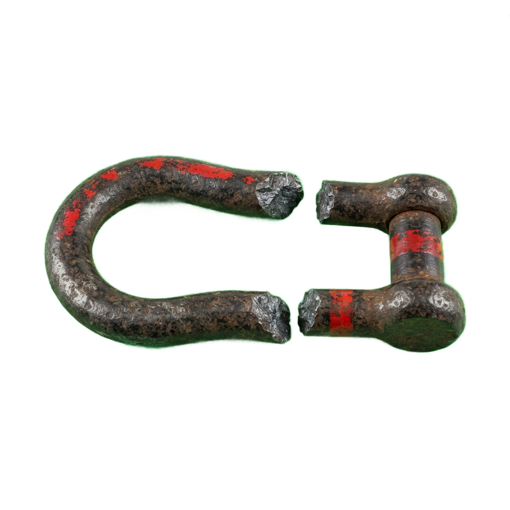 A rusted metal shackle with green and red highlights indicating areas of corrosion and wear.