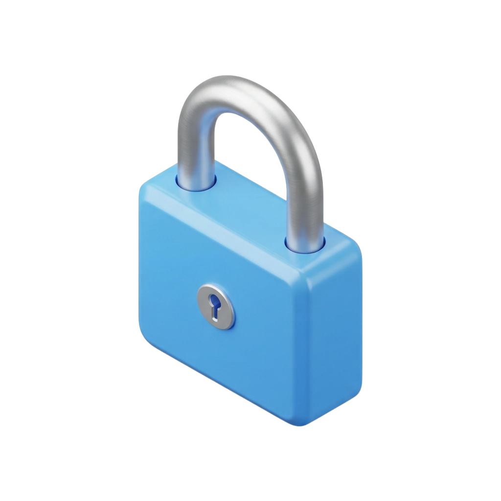 A 3D isometric illustration of a blue padlock with a silver keyhole and U-shaped handle