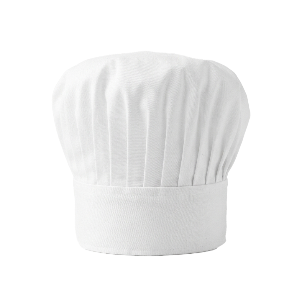 A white chef hat with pleated top and flat base against a black background