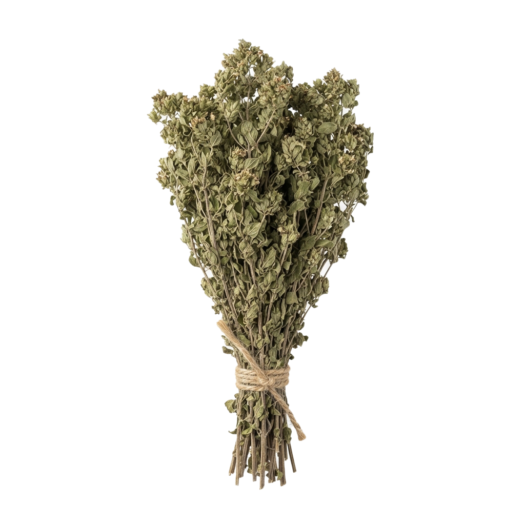 A bundle of dried herbs tied together with twine against a black background