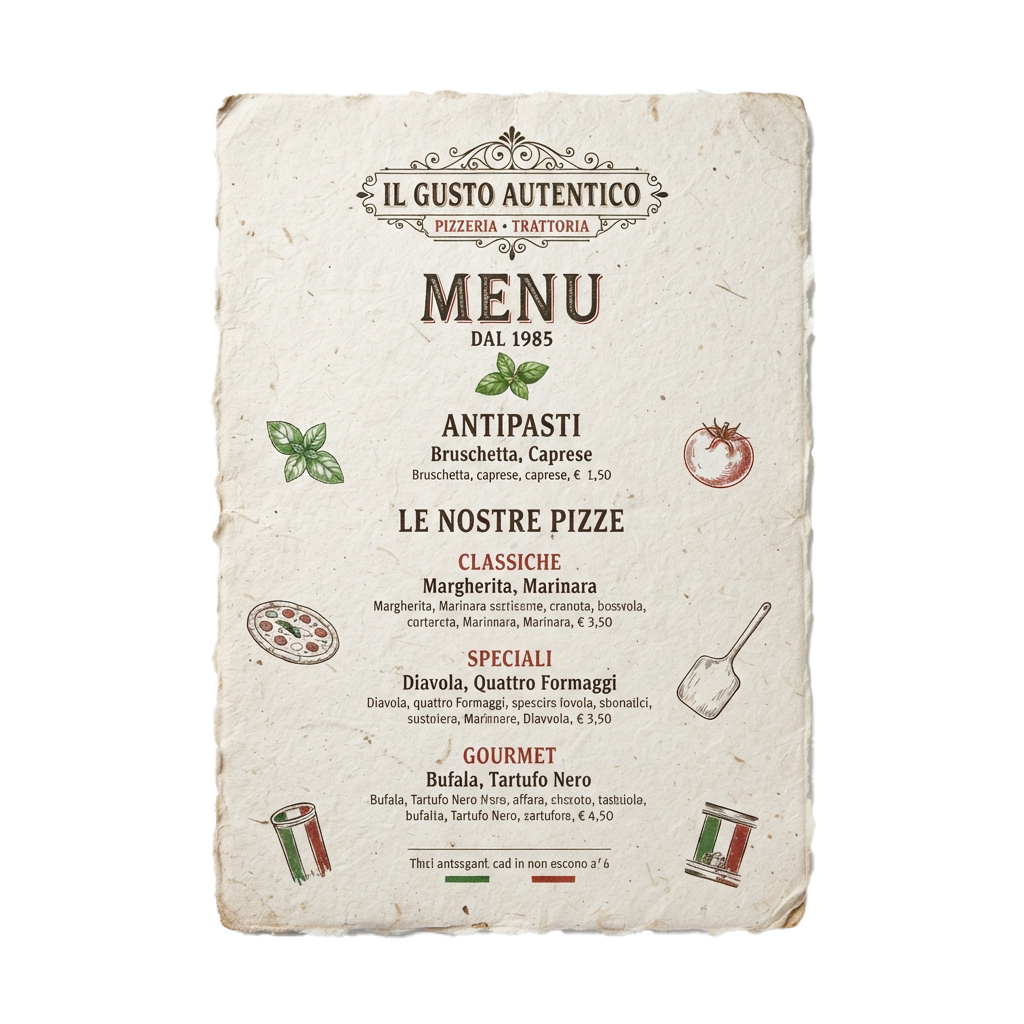 Vintage-style menu board listing antipasti, classic pizzas, specialties, and gourmet pizzas with prices and ingredients