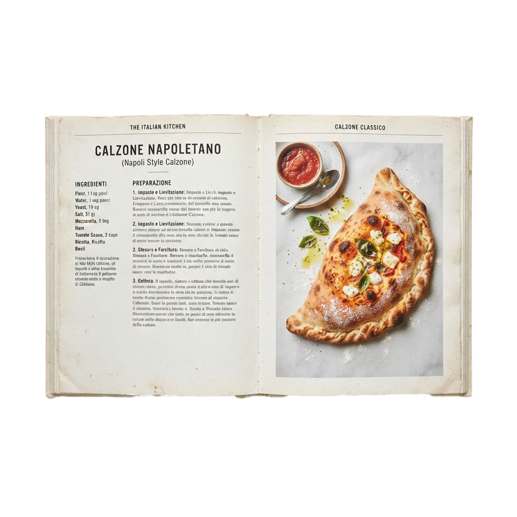 Recipe page showing ingredients, instructions, and a photo of a baked calzone with tomato sauce and cheese