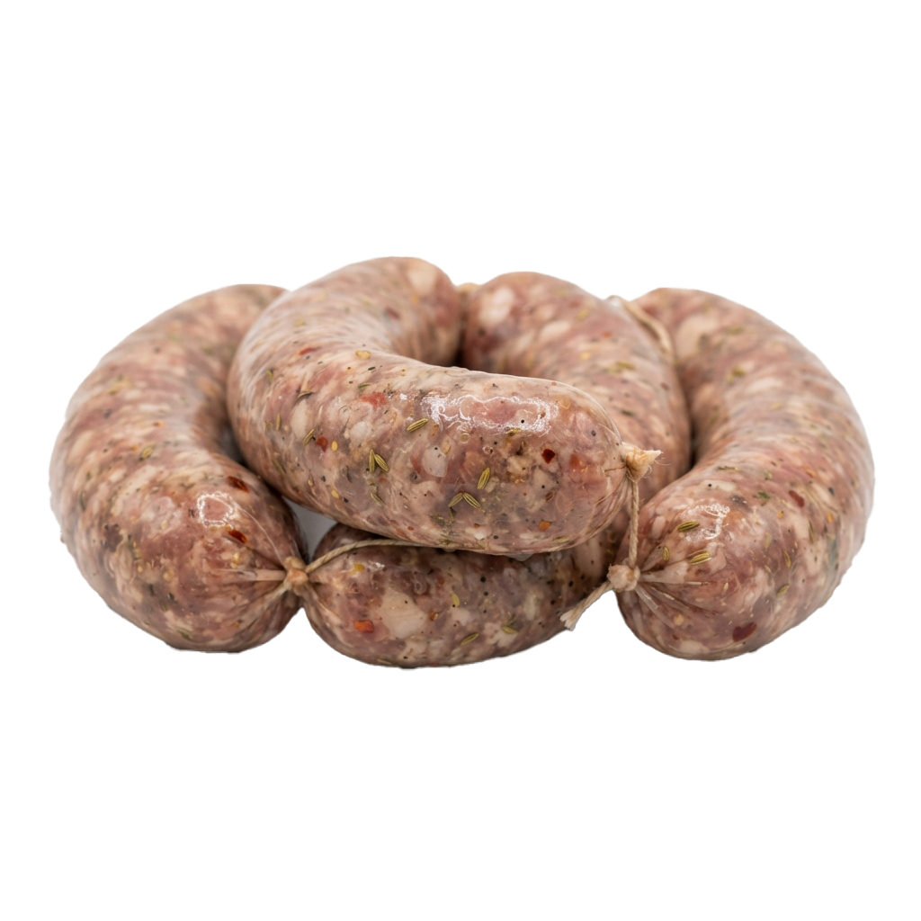 Four linked sausages with visible seasoning and herbs on a plain background