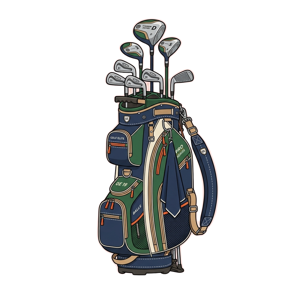 Illustration of a golf bag filled with a variety of golf clubs.