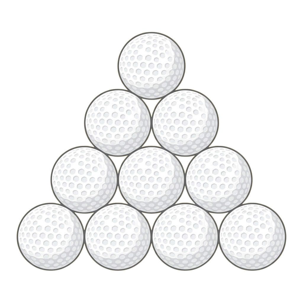 A pyramid arrangement of ten golf balls on a black background
