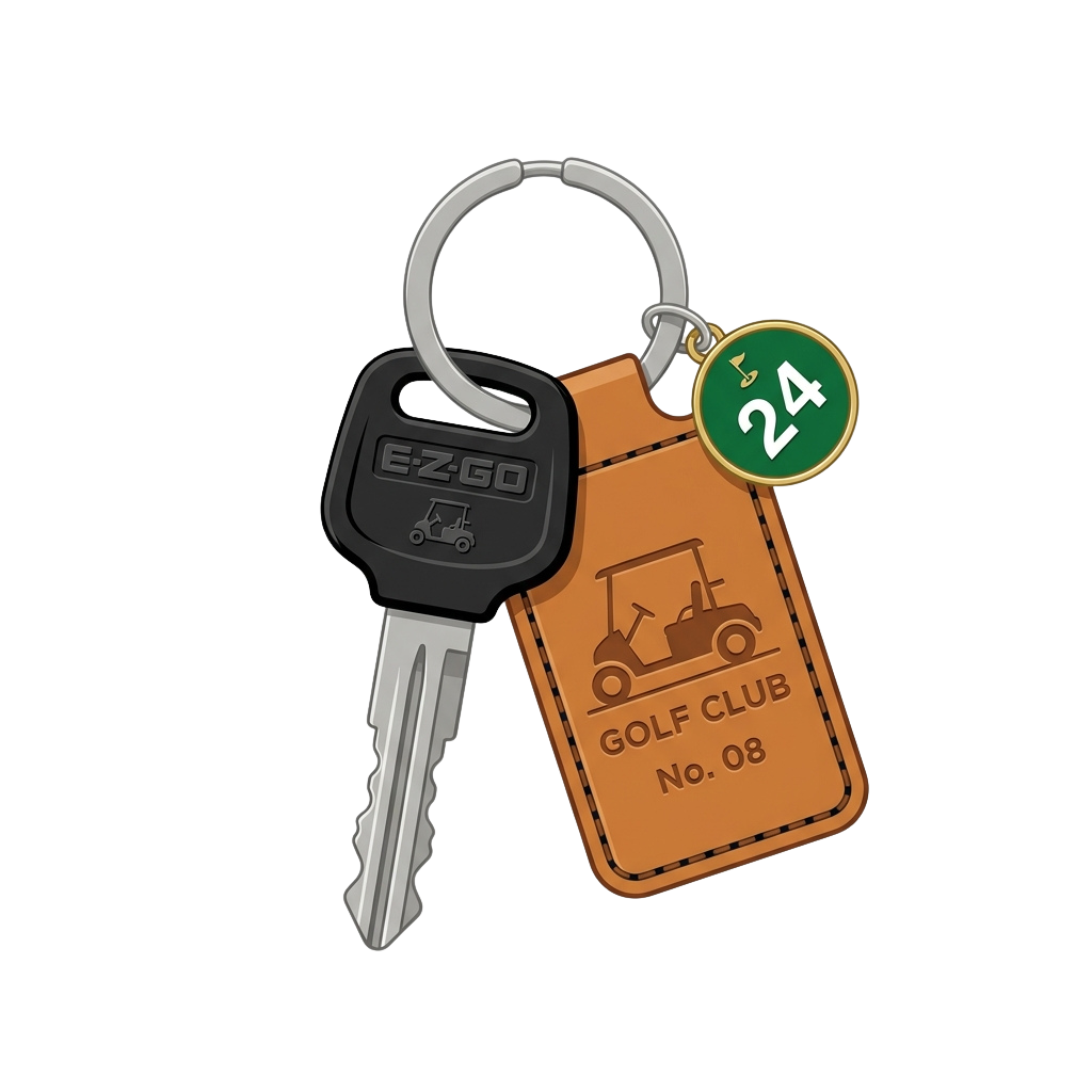 Keychain featuring a golf cart key, a numbered tag 24, and a golf club illustration labeled Golf Club No 08