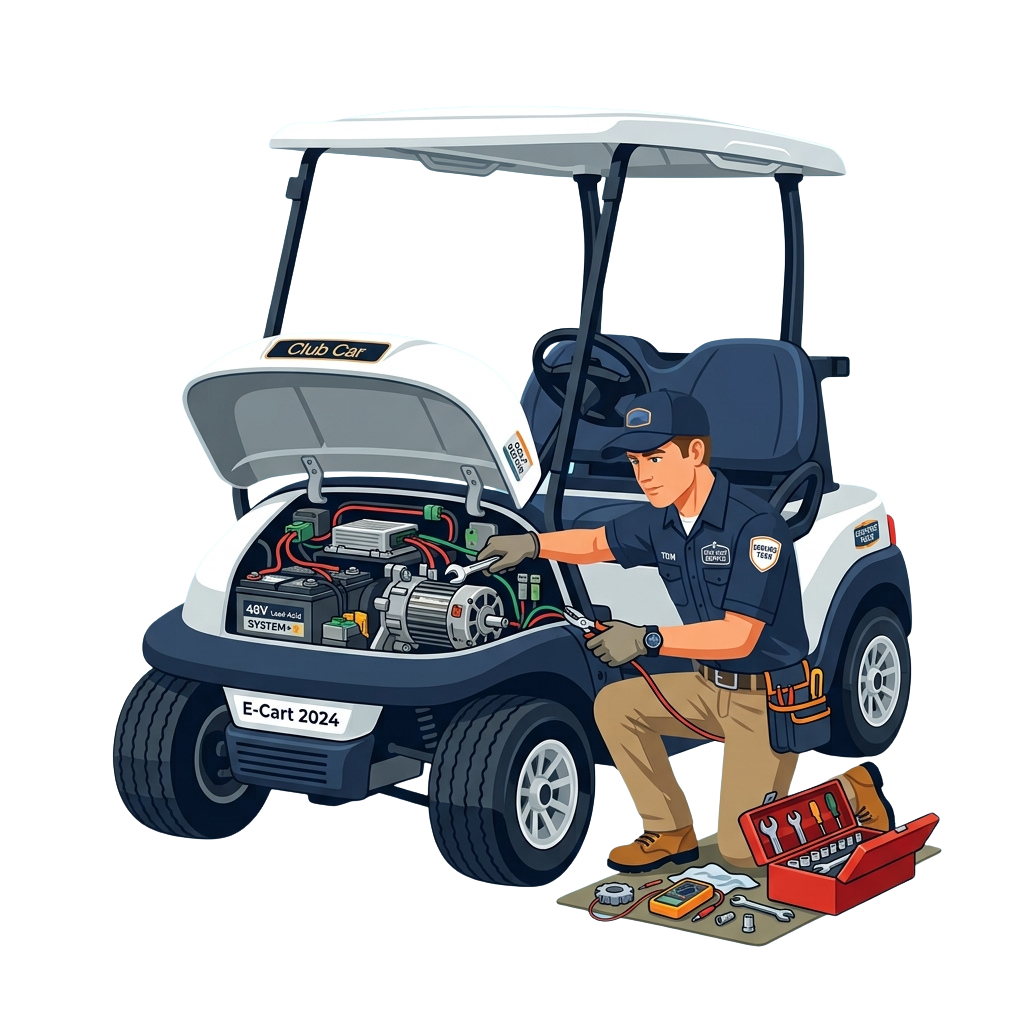 A mechanic inspecting the engine of an electric golf cart with tools nearby