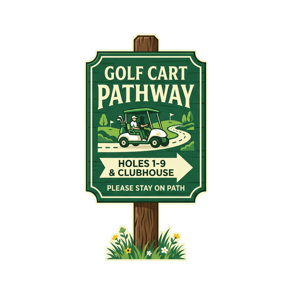 Illustration of a green golf cart pathway sign pointing to holes 1-9 and clubhouse with a golf cart graphic