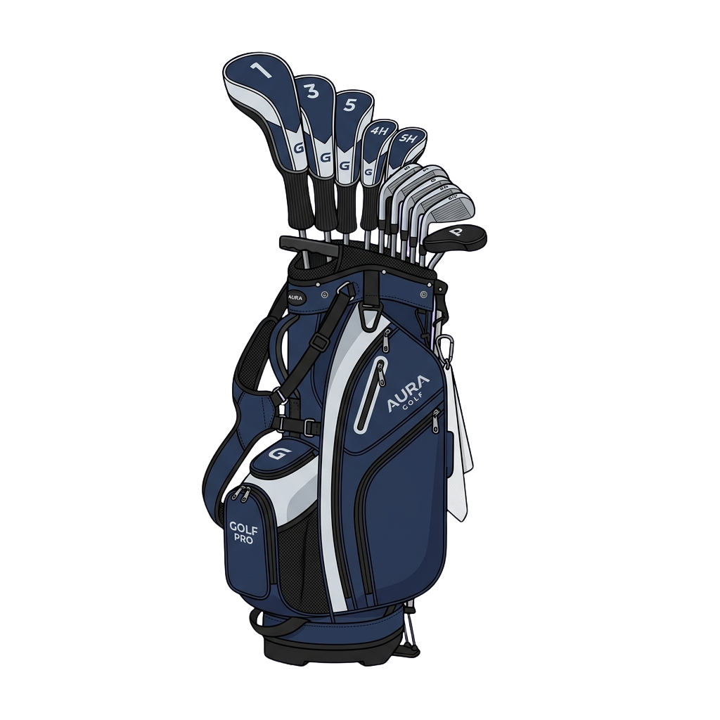 A golf bag holding a set of 14 golf clubs in blue and white colors