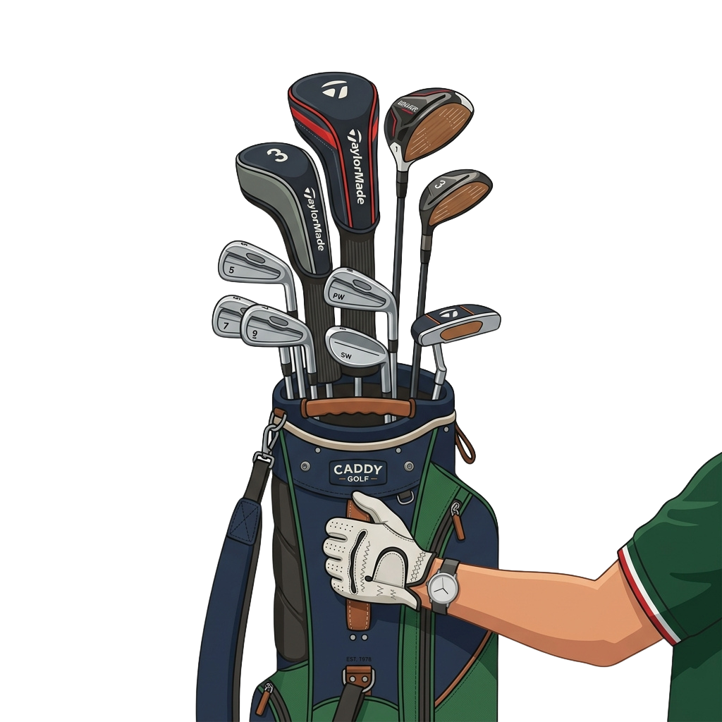 A golfer wearing a glove picks a golf club from a caddy bag filled with various clubs.