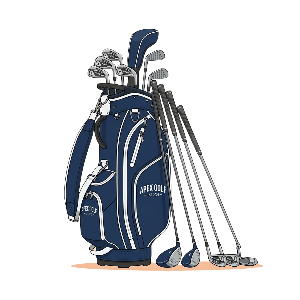 Illustration of a navy blue golf bag with clubs standing upright and wedges placed on the ground